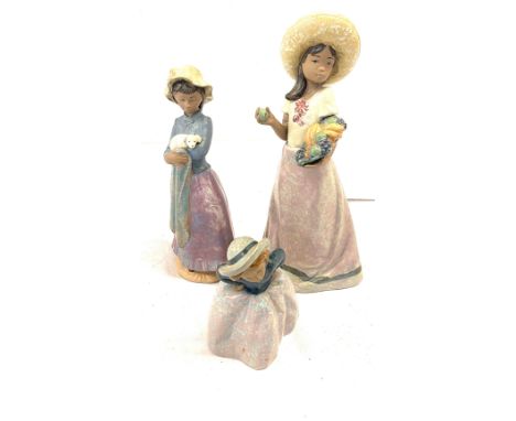 Selection of 3 nao figures includes lady with a fruit basket, lady with a dog an blanket and a girl with her hands on hips, a