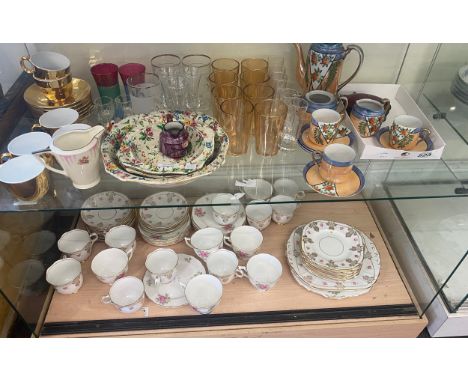 Large shelf of miscellaneous includes part tea services, pottery etc 