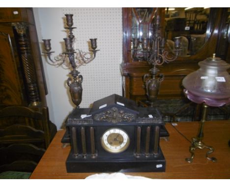 SLATE CORINTHIUM COLUMN MANTLE CLOCK AND GARNITURE