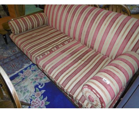 REGENCY STRIPED UPHOLSTERED SOFA, BERGERE ARMS, WITH SCROLL CUSHIONS- GOOD CONDITION