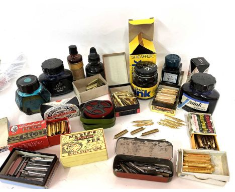 A box of various vintage fountain pen nibs to include Mudies squeezer pen 'The Burnham' together with bottles of ink and to i