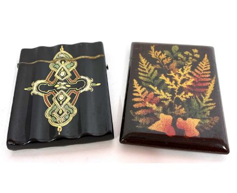A vintage painted transferred card case together with a foliate stencilled card case (2)