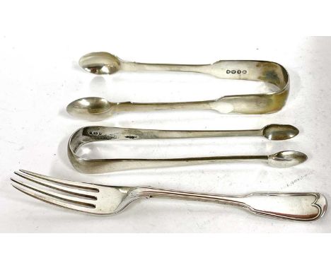Mixed lot to include a large pair of fiddle pattern sugar tongs, London 1837, a pair of Old English tongs, London 1793, marks