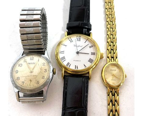 Three watches, one ladies and two gents, makers of the watches are Rotary and Woodford for the gents watches and Avia for the