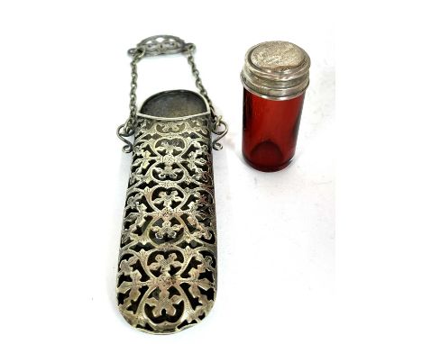 Mixed Lot: A cranberry glass cylinder jar with pull off silver lid (a/f), together with a vintage metal pierced spectacle cas