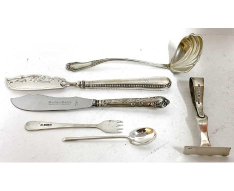 Mixed Lot:  A hallmarked silver baby's pusher, Victorian silver bladed preserve knife, pickle fork and teaspoon together with