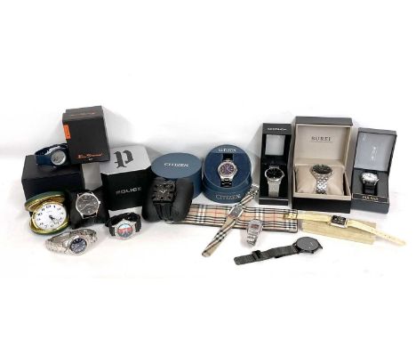 Mixed lot of various wrist watches, some of which are boxed, makers include Pulsar, Citizen, Casio, also a travel clock and a