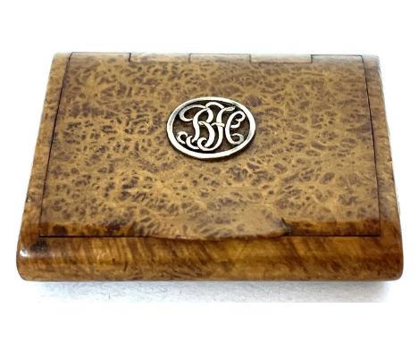 A vintage bur wood vesta box with strike to base, the centre applied with initials, 4.5 x 4cm