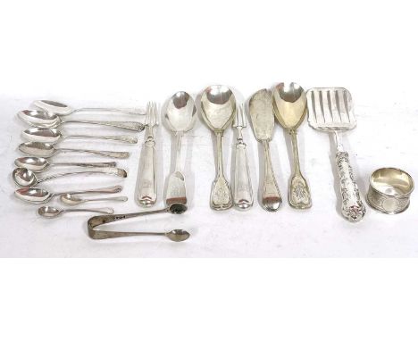 Mixed Lot: A Victorian silver butter knife, a pair of silver pickle forks, fiddle pattern tablespoon, six silver teaspoons, v