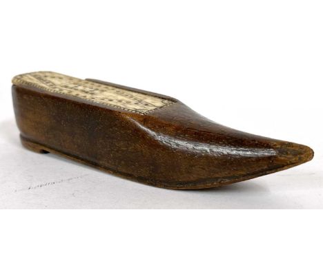 A vintage treen shoe snuff  box with bone slide cover, 12cm long