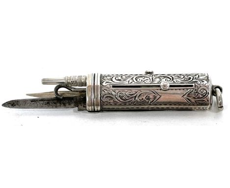 A small Victorian combined silver sliding pencil, button hook and penknife with engraved body and attached suspension ring, 4
