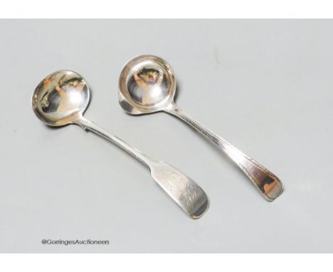   A small Georgian silver feather edge Old English pattern cream ladle by Hester Bateman, 10.9cm, together with a Victorian p