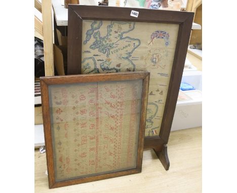   A Victorian alphabet sampler, 46 x 38cm, and a map sampler