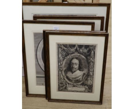   After Nanteuil, engraving, portrait of a seated cardinal, and six other assorted engravings, largest 48 x 57cm.
