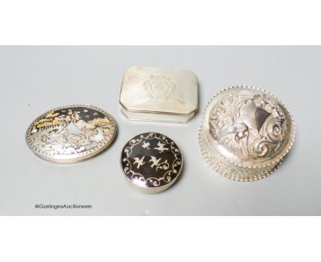   An 18th century white metal octagonal spice box, with compartmental interior and small silver spoon, 78mm, a 19th century w