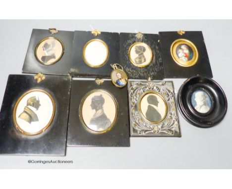   A 19th century portrait miniature, Madonna and child, together with five assorted silhouette portraits and two portraits (8