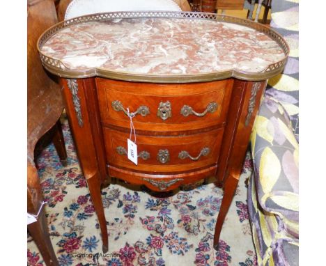   A Louis XV style marble top two drawer petit commode, width 61cm, depth 40cm, height 78cm