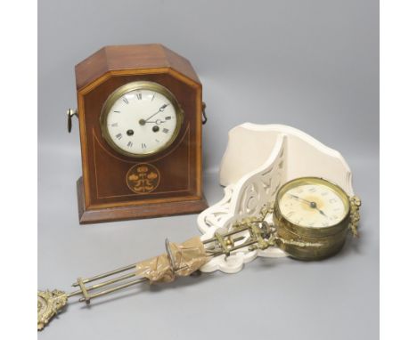   An incomplete late 19th century brass mystery timepiece, a painted wall bracket and an inlaid mahogany mantel clock