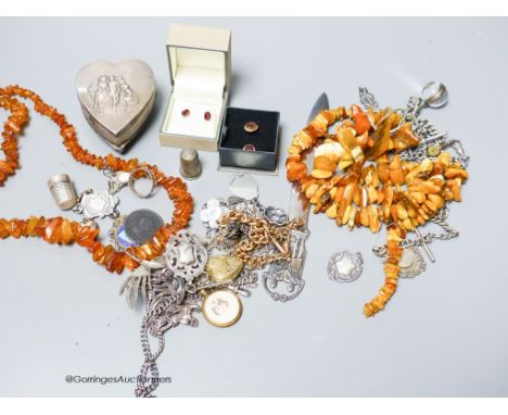   Mixed jewellery etc. including amber necklaces, silver trinket box and other items.