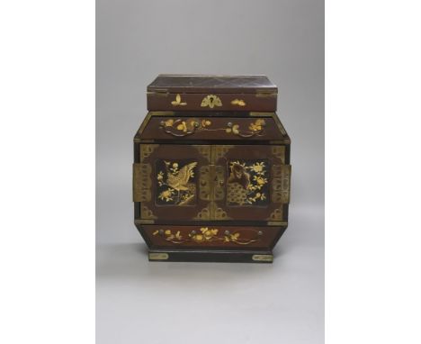   A Japanese lacquered brass bound table top cabinet, height 28cm