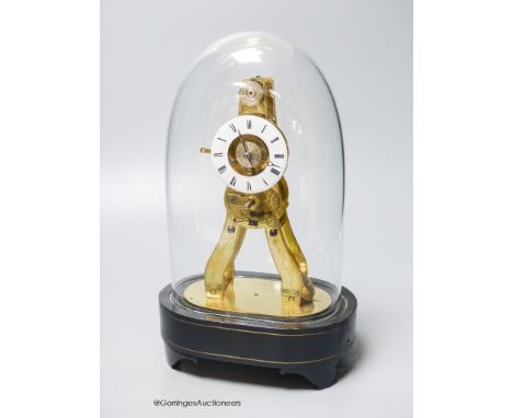   A 19th century French brass skeleton clock, signed MS.Honoraeles Exp. Paris Londres, with alarm disk and pull repeat, under