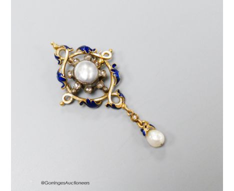   A 19th century continental yellow metal enamel, split and baroque pearl and rose cut diamond set drop pendant (adapted), 6c