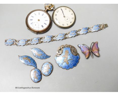   A white metal and enamel bracelet and brooch and other minor items.