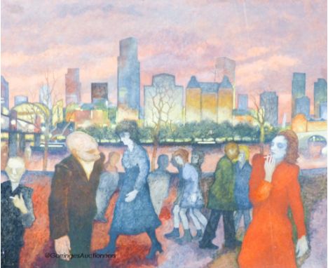   Gerald, R Jarman, British (1930-2014) unframed oil on canvas, Figures in a city landscape, 165 x 140cm
