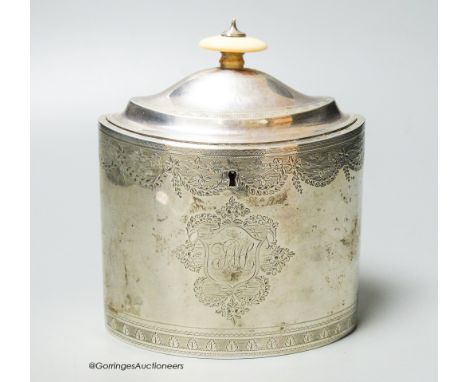   A George III engraved oval tea caddy, with ivory knop, no key, Henry Nutting, London, 1796, length 13.4cm, gross weight 12.