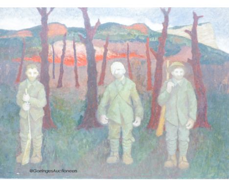   Gerald, R Jarman (1930-2014) unframed oil on canvas, Three soldiers, 142 x 106cm