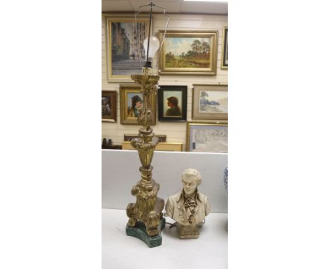   A giltwood altar candlestick as a lamp, height 71cm (excl. light fitting) and a plaster bust of Mozart