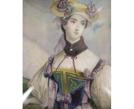   A large 19th century portrait miniature of a lady, the figure in elaborate dress, her hat adorned with bows and flowers, in