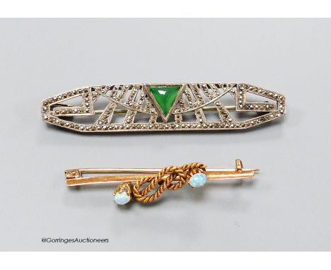   A yellow metal and two stone opal set ropetwist bar brooch, 42mm, gross 3.4 grams and a French Art Deco, chrysoprase and ma