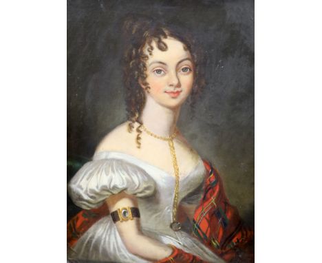  English School, circa 1840, oil on board, portrait of a seated lady, 38 x 28cm.