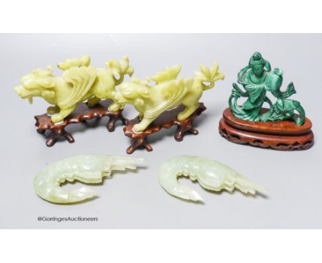   A group of Chinese hardstone carvings, mid 20th century to include a pair of mythical beasts, a pair of bowenite jade figur