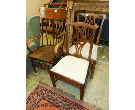   A late Victorian ash and elm stick back elbow chair and two country Chippendale mahogany dining chairs (3)