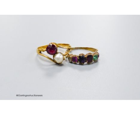   A Victorian yellow metal and graduated multi gem set 'Regard' half hoop ring, size L and a yellow metal ruby and cultured p