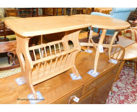   An Ercol elm circular occasional table, 60cm diameter, height 48cm together with an Ercol elm magazine table