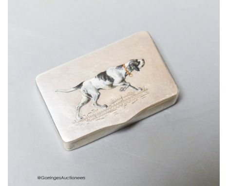   A late 19th century/ early 20th century Austro-Hungarian white metal and enamel vesta case, decorated with a hunting hound,