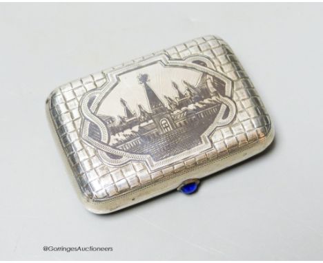   A late 19th century Russian white metal and niello shaped rectangular snuff box, 68mm, gross weight 51 grams.