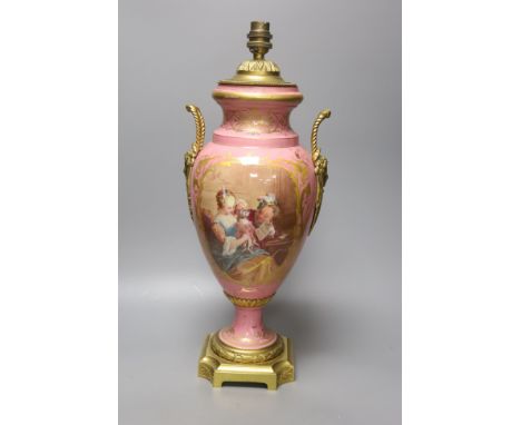   A large 19th century Sevres style porcelain and gilt metal mounted table lamp, 46cm
