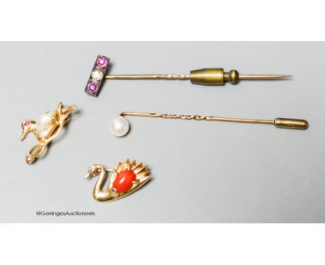  A modern 14k, baroque pearl and gem set duck brooch, 22mm and a similar coral set swan brooch, gross 4.7 grams and two stic
