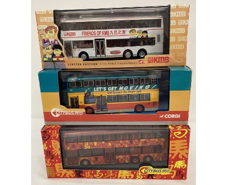 3 boxed 1:76 scale Chinese diecast buses by Corgi. Limited edition "Friends Of KMB" bus, decorative red double decker Citybus