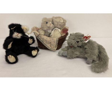 3 soft toy cats. A black and white jointed cat by TY and a Beanie Babies grey cat by TY.  Together with a pair of vintage gre