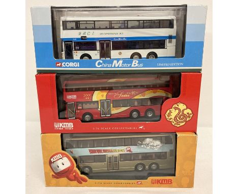 3 boxed 1:76 scale Chinese diecast buses by Corgi.  Limited edition China Motor Bus, Year Of The Snake KMB bus and gold doubl