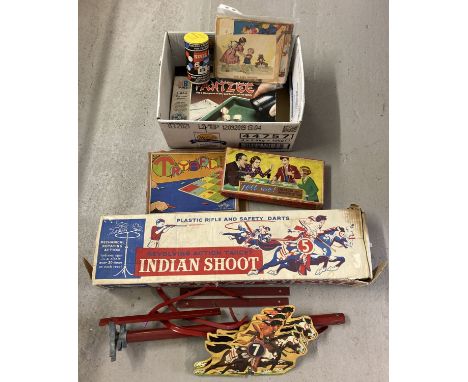 A part Mettoy Playthings Indian Shoot game, gun missing.  Original box contains revolving stand and 3 Indian cardboard cut-ou