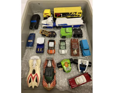 A tray of approx. 16 assorted diecast vehicles of various scales, mostly Hot Wheels.  To include rally style and futuristic d