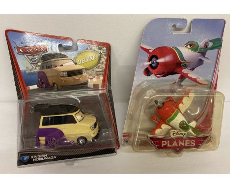 2 Disney Pixar diecast vehicles in unopened original blister packaging, from Mattel.  Cars 2 Deluxe vehicle #5 Kingpin Nobuna