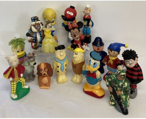 A box of assorted vintage novelty bubble bath containers in the shape of Children's T.V. characters.  To include: Rupert bear