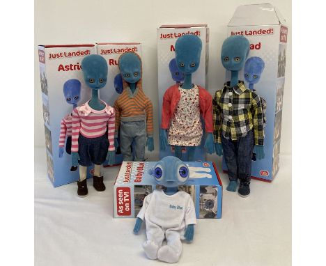 A full set of Argos advertising blue aliens by Chad Valley, in original boxes.  Comprising: Mum, Dad, Astrid, Rufus and Baby 